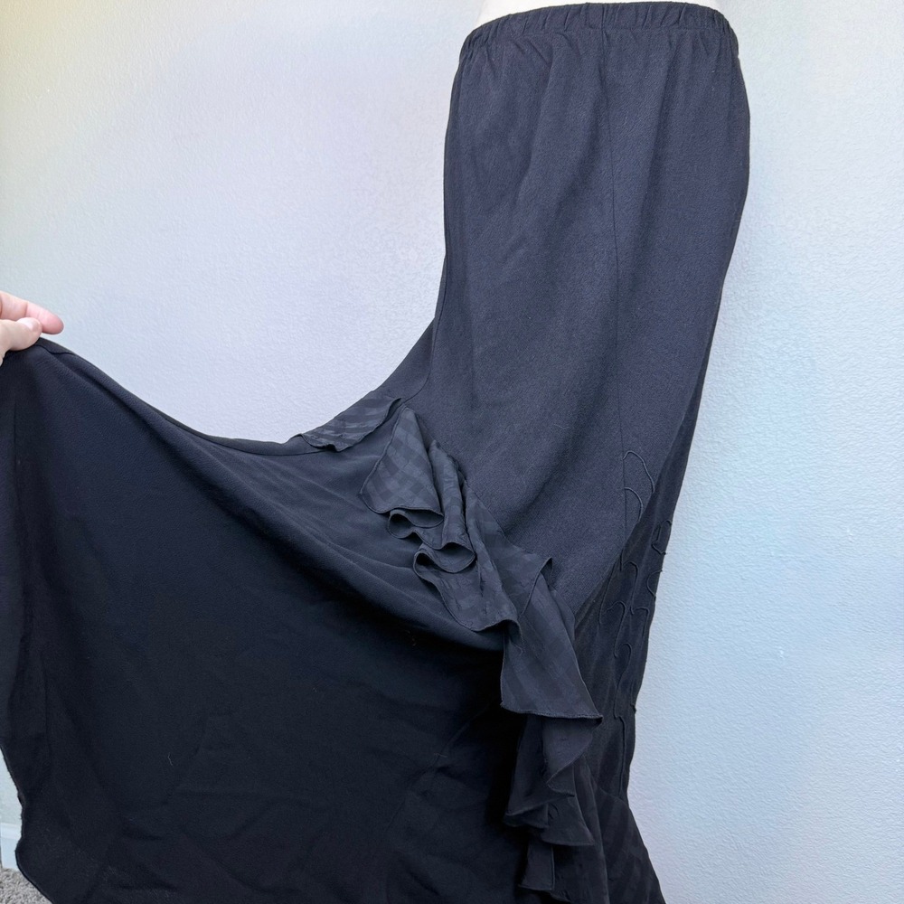 VTG Eoeo + Juan Black Asymmetrical‎ Ruffle Fairy Maxi Skirt Embroidered Whimsy 2